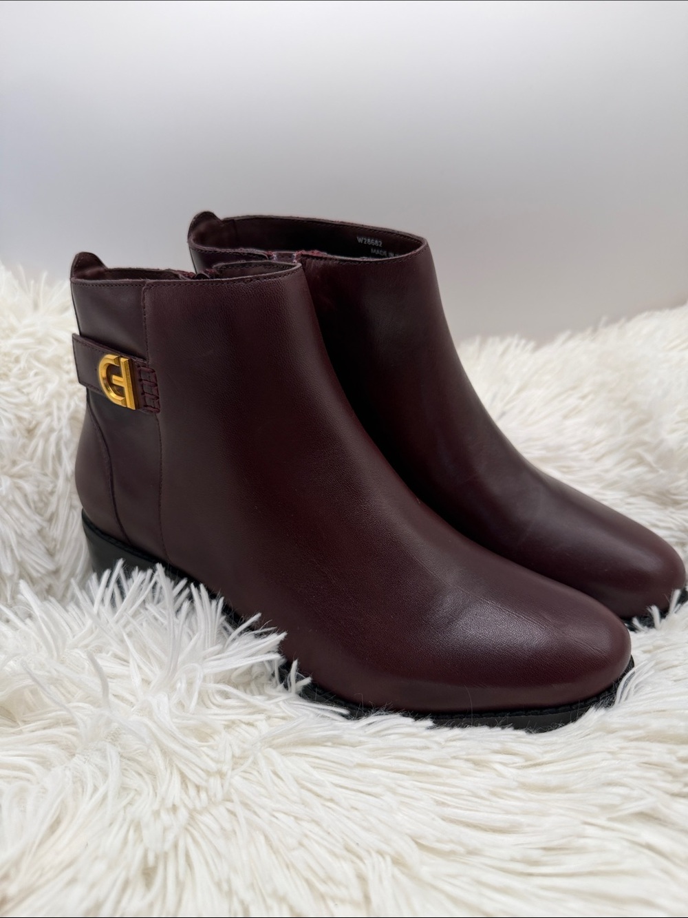 Cole Haan Burgundy Ankle Boots with Gold Accent